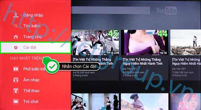 Mục cài đặt youtube trên TV LG